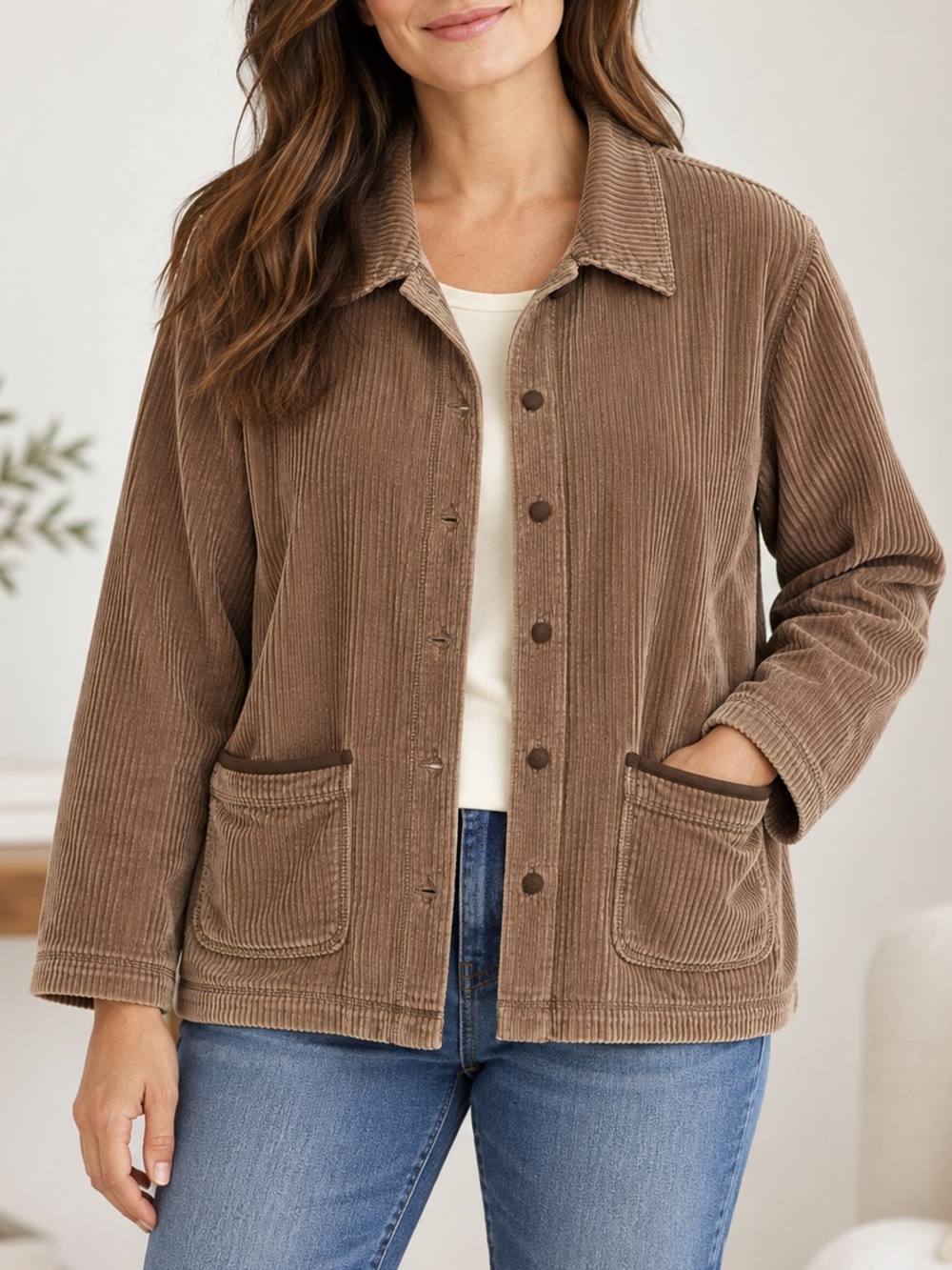J.Jill Brown Corduroy Chore Jacket Velvet Trim Lagenlook MP